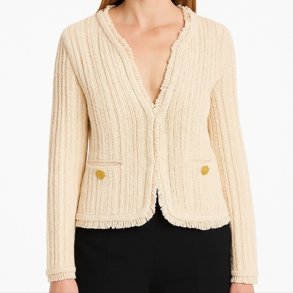 J. Crew Cream Cable Knit Fringe Jacket Wool Blend Preppy Cardigan Blazer XS